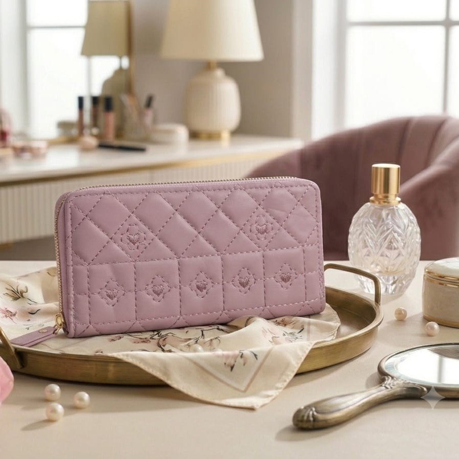 Luxury Soft Pink Quilted Zip Around Wallet for Women - PU Leather Long Wallet with Multiple Card Slots